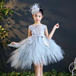 Swan Crystal Tulle Flower Girl Romantic Wedding Banquet Dress Beads Girl Princess Evening Dress Kids Girl First Communion Gown