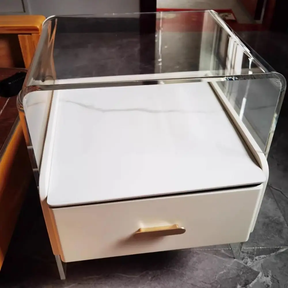 Compact LED Nightstand with Charging, Drawers & Open Shelf, Blue, 42x40x48cm