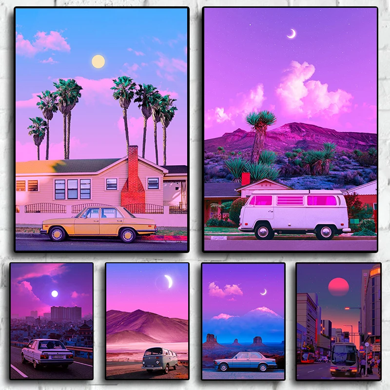 Affiche Murale de Voyage Thème Tourisme, Nuit, Néon, Ville, Bus Touristique, Lune, Plage, Peinture de Voiture Années 80, Décoration Murale, Décoration de Chambre Kawaii, Toile