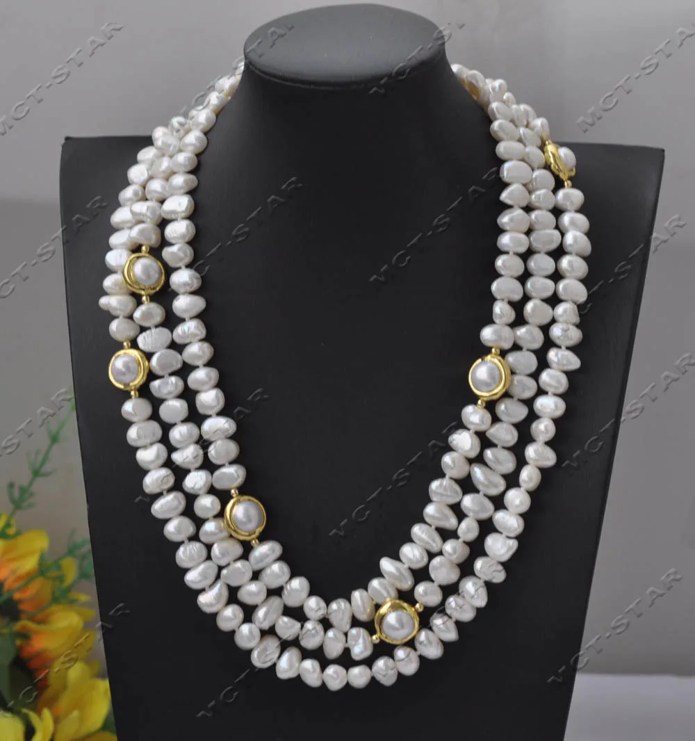 MTC·STAR  Z13601 3Row 20'' White Baroque Pearl Gold-Plated Round Pearl Necklace Custom Jewelry