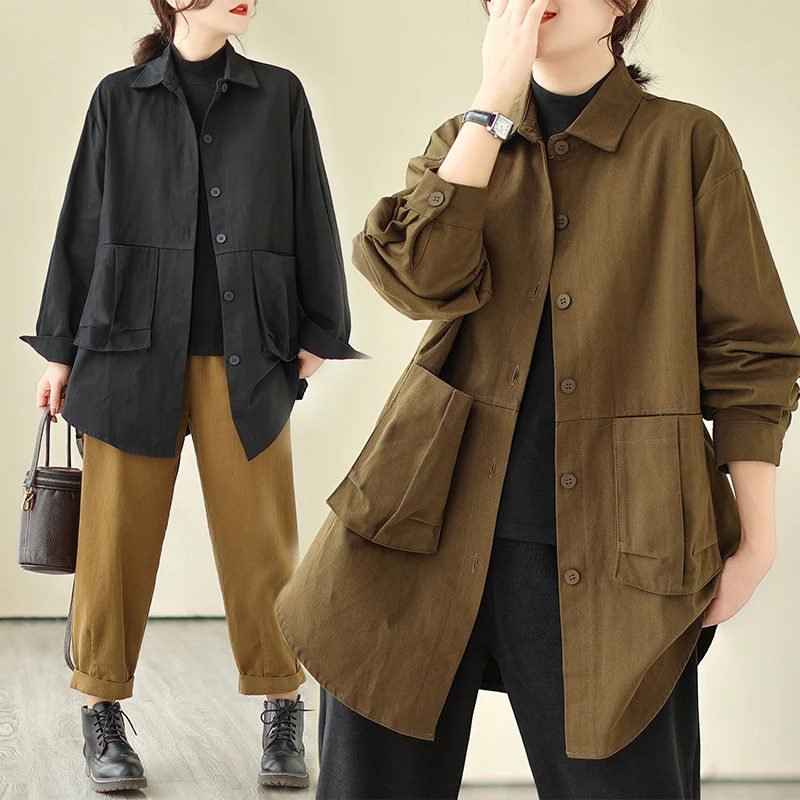 ملابس العمل الرجعية Jaet المرأة عارضة ميدي طول ربيع الخريف بالإضافة إلى حجم فضفاض اللحوم تغطي معطف طوق القطن