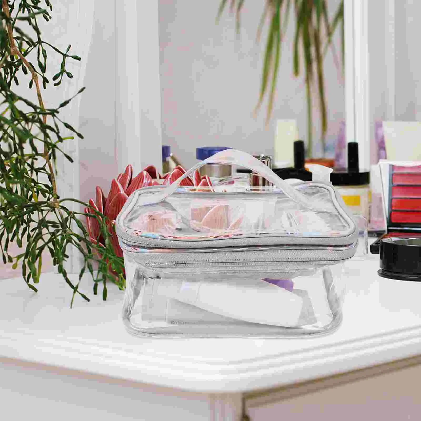 

Clear Bag Sturdy Double Zipper PVC PU Aluminum Portable Toiletry Bag Grey Travel Makeup Storage Container Waterproof
