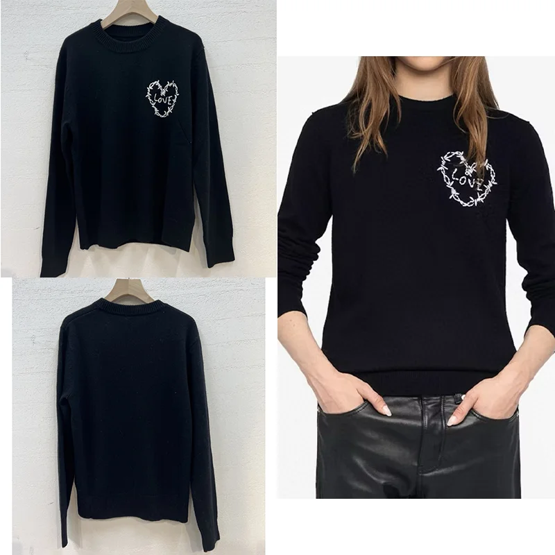 

Women Black Pullover Love Embroidered Sweaters Casual Cashmere Tops Female Jumper Lady Crew Neck Thin Sweater Pullovers