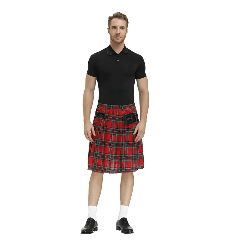 Men Scotland Kilt Traditional Plaid Belt Pleated Bilateral Chain Gothic Punk Hip-hop Avant Garde Scottish Tartan Trousers Skirts