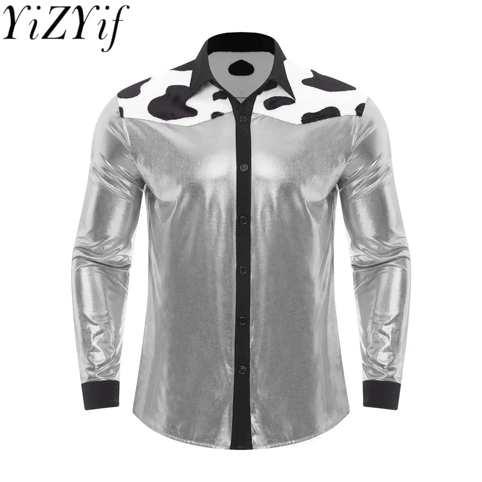 

Men's Western Cowboy Hippie Cosplay T-shirts Stylish Cow Print Shiny Shirt for Halloween Carnival Cosplay Costume Party Tops