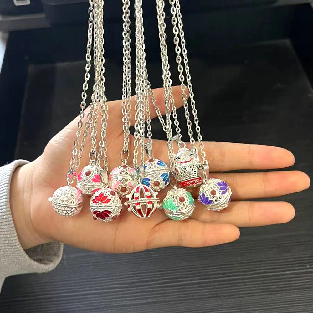 Mexico Chime Oil-Painted Flower Aromatherapy Silver Pendant Essential Oil Diffuser Glowing Ball Woman Necklace Accessories Gift