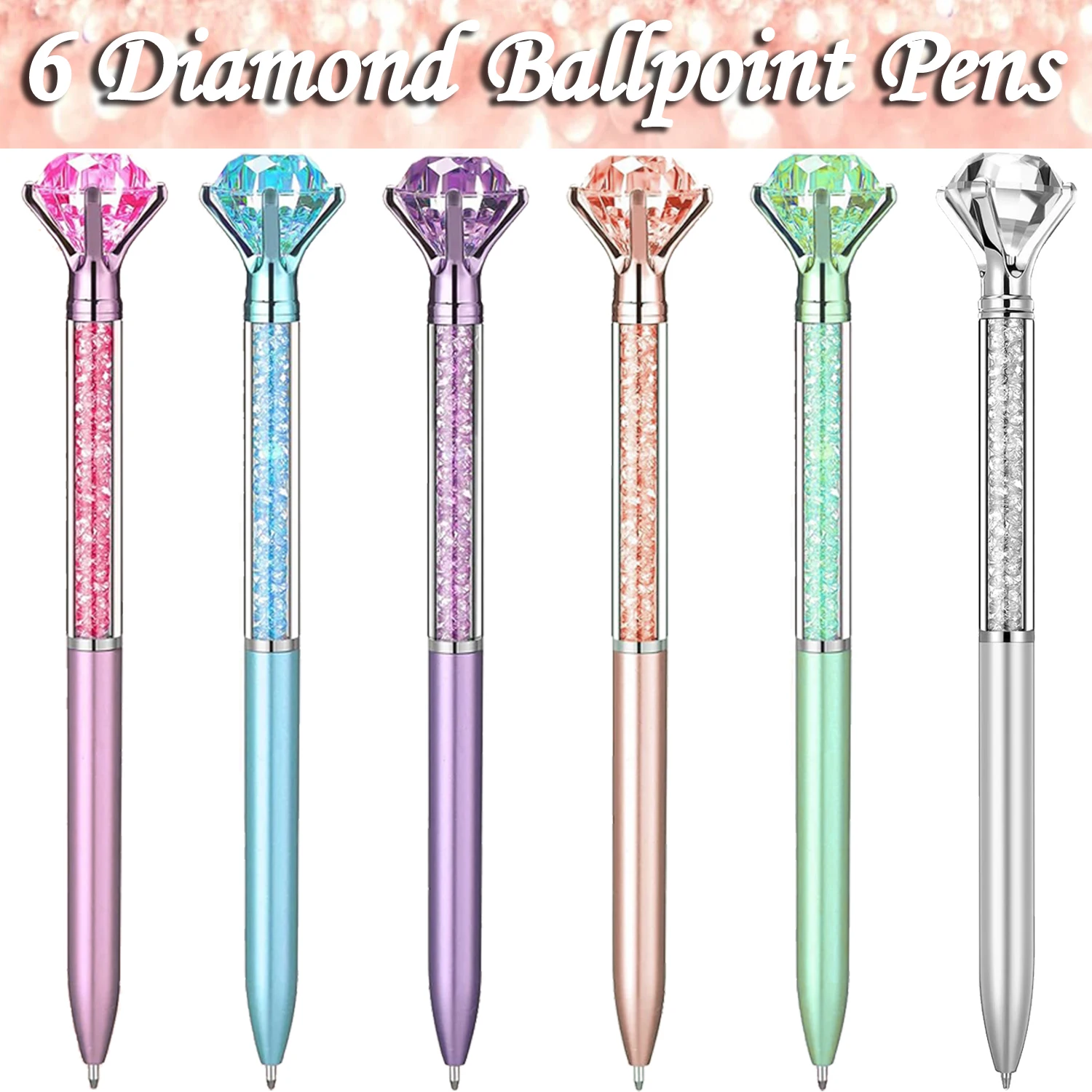 

6Pcs Diamond Pens Bling Ballpoint Black Ink Rhinestones Pen for School Office Supplies Wedding Present