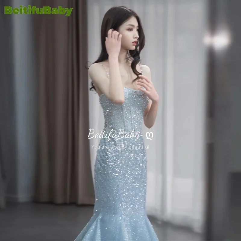 BeitifuBaby Elegant Women\'s Evening Dress Palace Style Sling Sequins Fishtail Long Skirt Banquet Wedding Party Dresses for Women