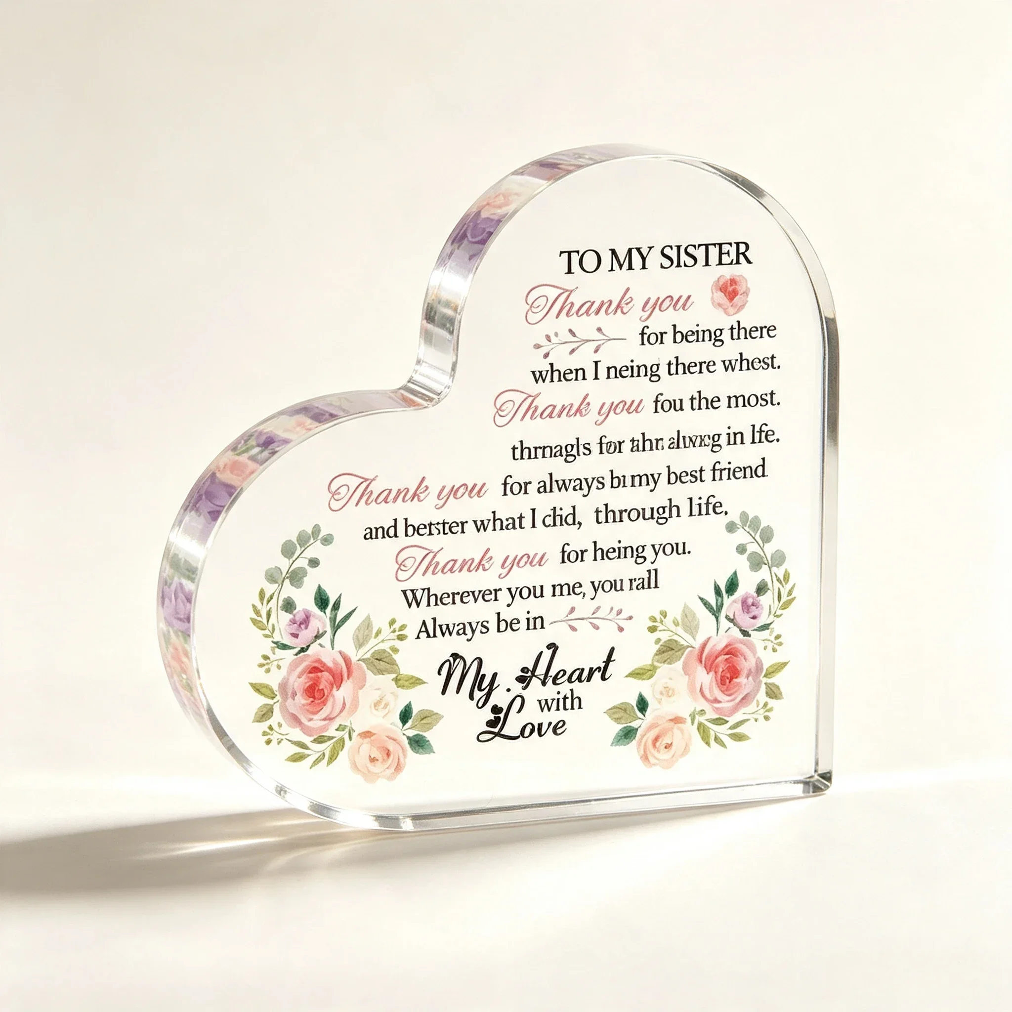 Heart Acrylic Plaque To My Sister Pink Rose Floral Sister Gift Desk Decor,Pink Watercolor Rose Acrylic Heart Stand Gift For Sister Birthday Holiday