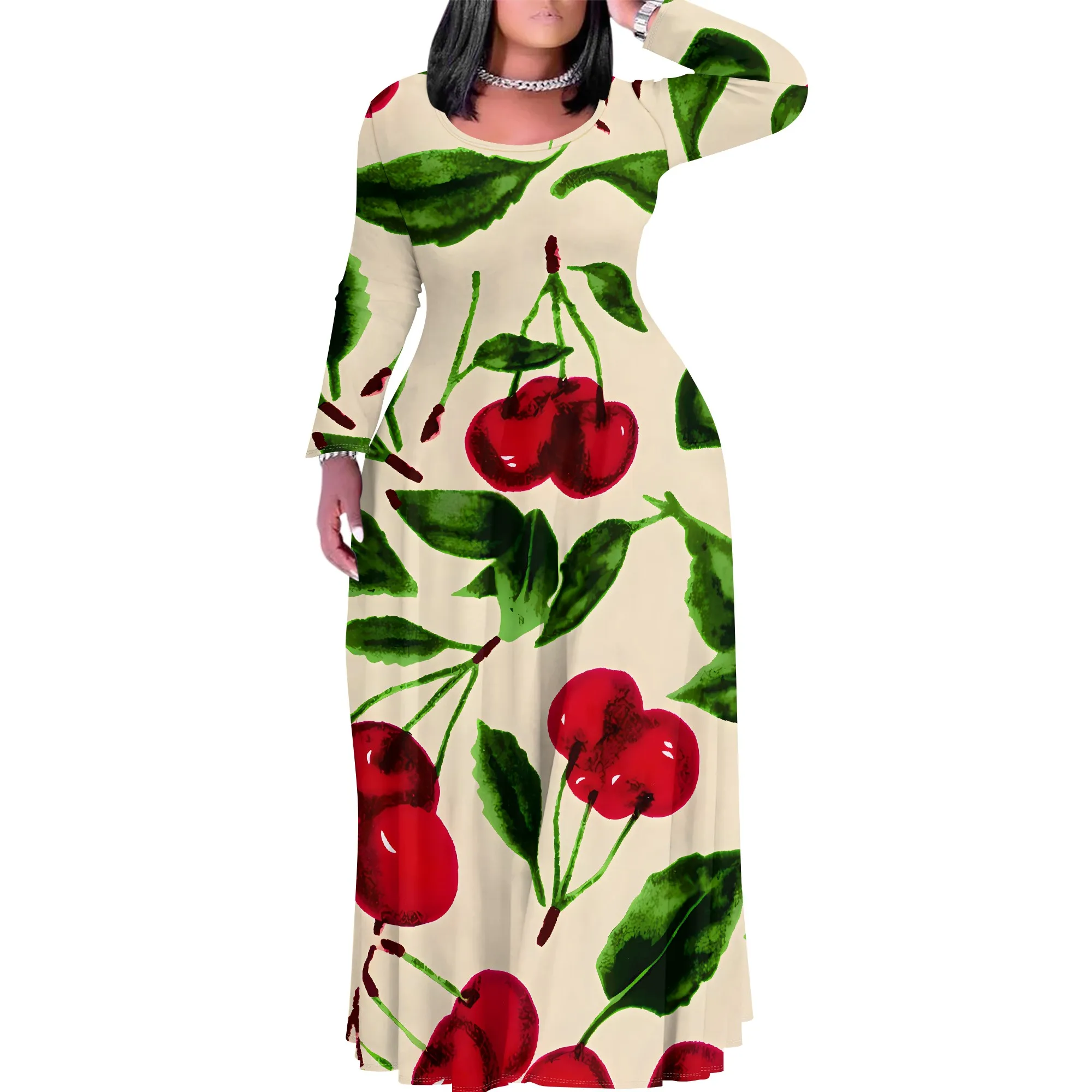 

Women's Summer/Fall Fashion Printed Long Sleeve Splits On Both Sides Maxi Dress Round Neck Long Sleeve Maxi Dress