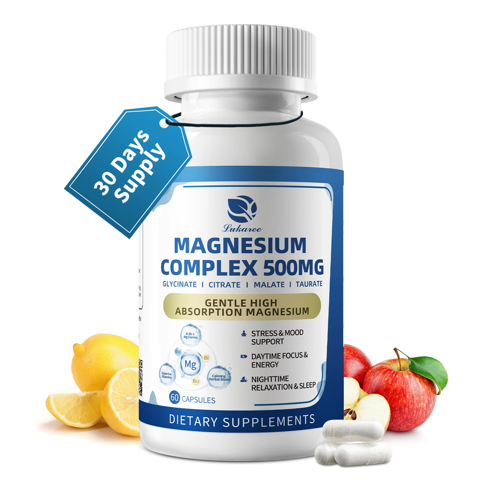 

Lukaree Magnesium Complex Supplement 500mg,Malate,Taurate,Citrate Complex High Absorption Chelated Non-GMO for Rest,Energy,Mood