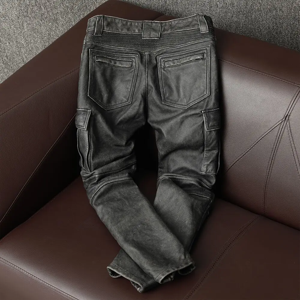 Broek Motorfiets Heren Lederen Broek Dikke 100% Koeienhuid Vintage Grijze Zwarte Heren Moto Biker Broek Winter 5xl