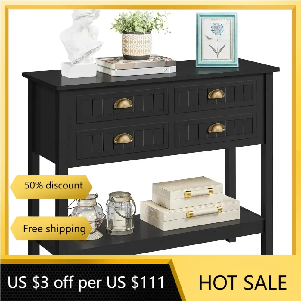 

Console Table with 4 Drawers, Sofa Side Table with Bottom Open Storage Shelf, Heavy-Duty Entryway Table for Hallway/Living Room