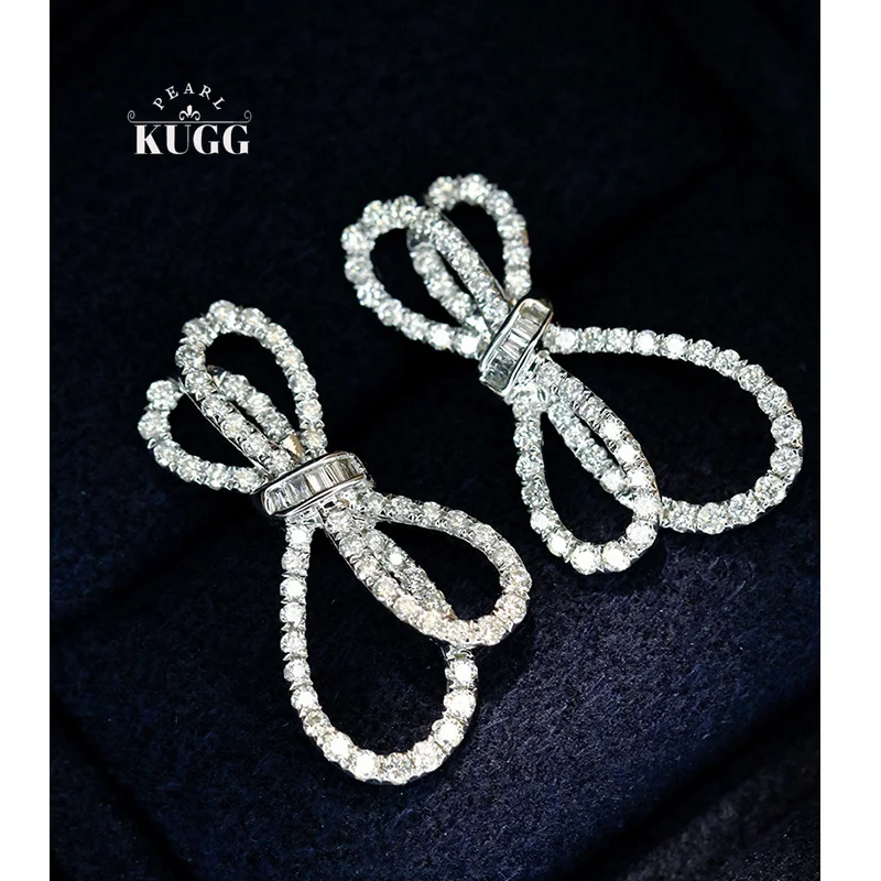 

KUGG 100% 18K White Gold Earrings Romantic Bowknot Shape Real Natural Diamond Stud Earrings for Women High Wedding Jewelry