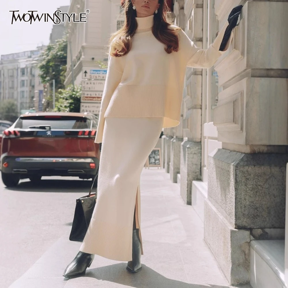 

TWOTWINSTYLE Solid Two Piece Set for Women O Neck Long Sleeve Top High Waist Slimming Skirt Sets Female Fashion New