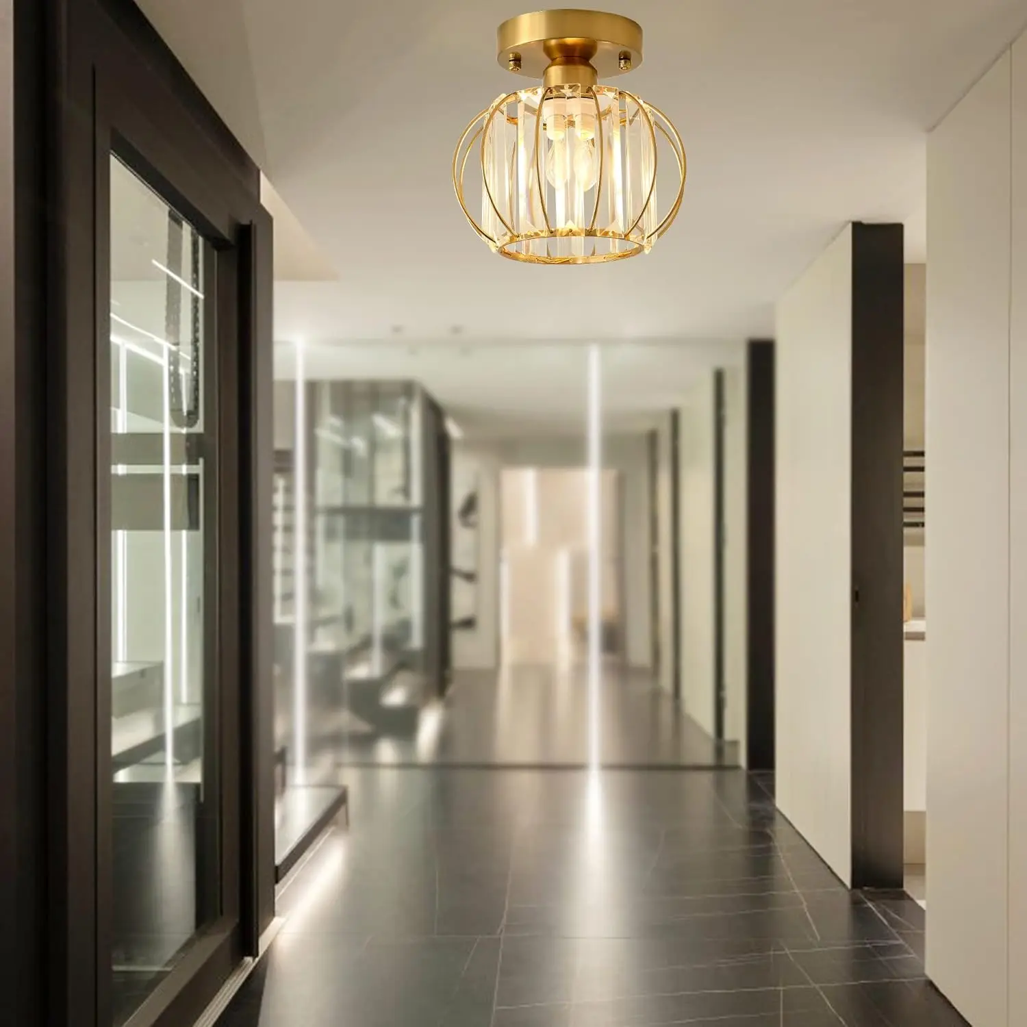 مصباح سقف كريستالي، مصباح سقف صغير E27، إضاءة سقف معدنية، إضاءة داخلية شبه راحة (ذهبي، لمبة غير متضمنة) #3