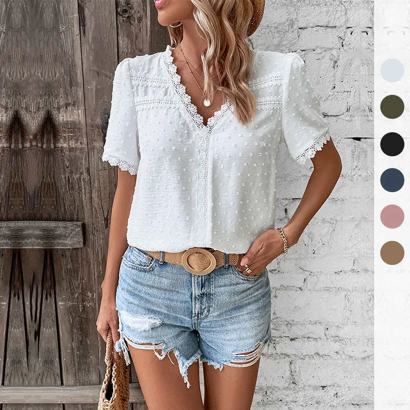 

Summer 2026 White Blouse Women Dobby Lace Crochet Patchwork V-neck Short Sleeve Shirt Top For Women Solid Casual 63998