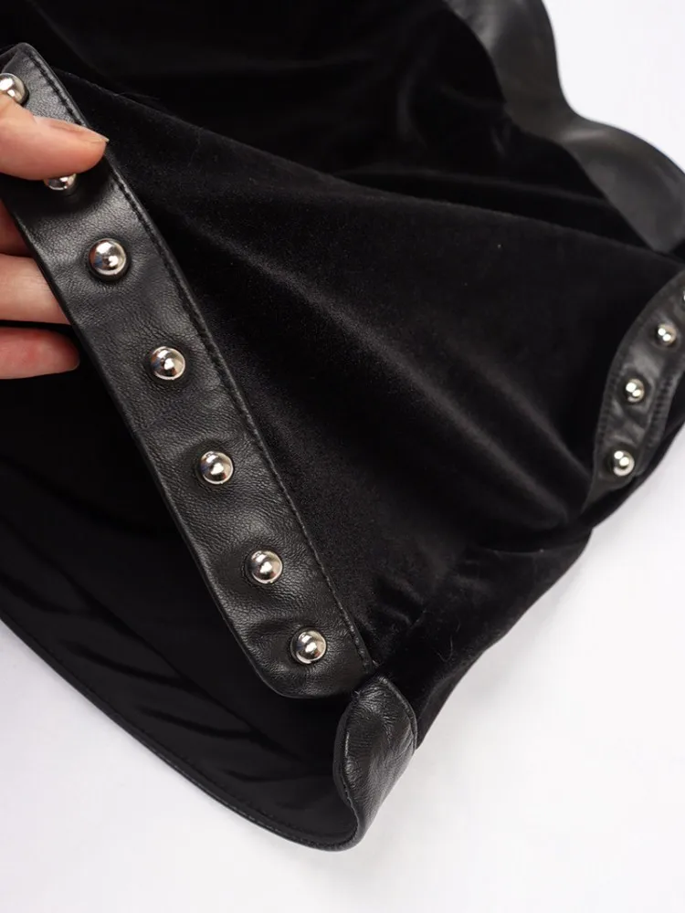 Najwyższej jakości aksamitne szorty damskie Patchwork prawdziwa skóra owcza spodenki z szerokimi nogawkami Streetwear luźne nity spodenki do butów z wysokim stanem — zdjęcie 6