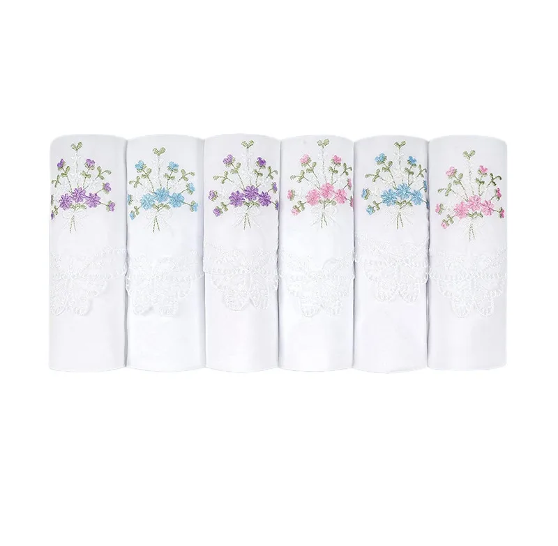 3Pcs 28x28cm Butterfly Lace Flower Embroidered 100% Cotton White Color Women Handkerchiefs Wedding Party Gift