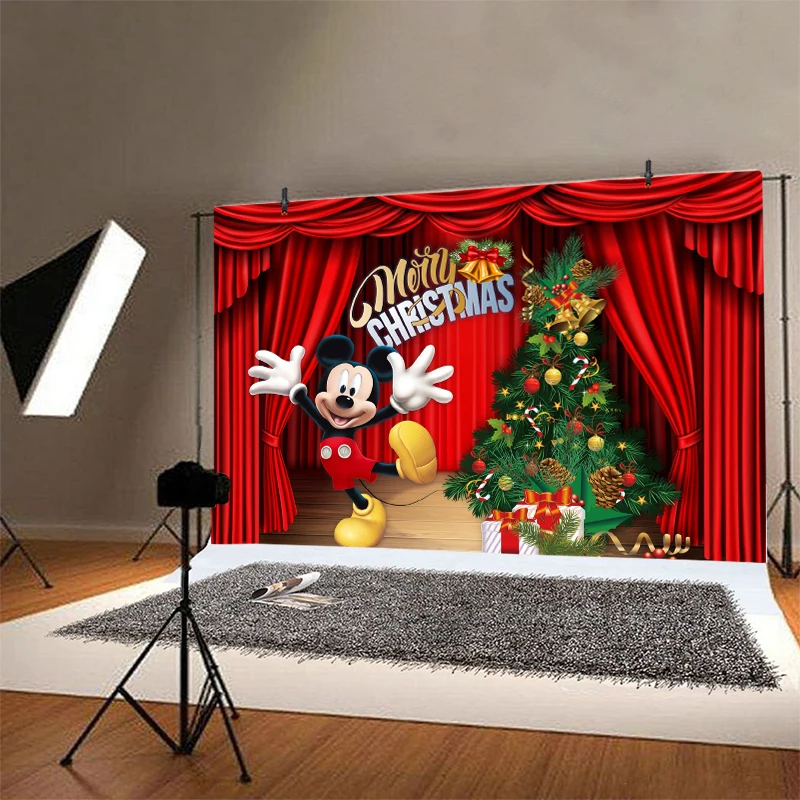 Minnie & Mickey Mouse Backdrop Christmas Party Decorations 2024 Xmas Banner Disney Christmas Background Photography Props Studio