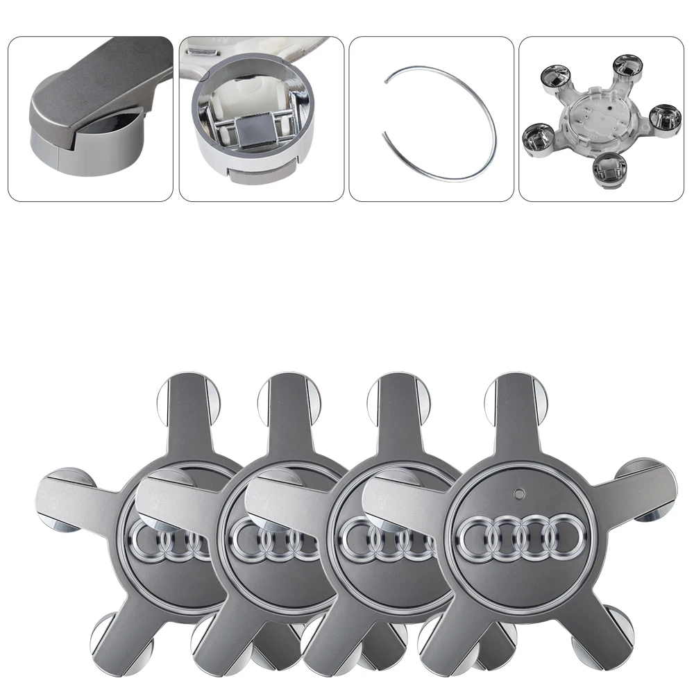 4PCS Car Wheel Center Cap Hub Five Claws Emblem Covers for Audi B6 A4 A1 A5 Q3 Q7 S5 A6 V6T RS6 R8 Auto Decoration Accessories