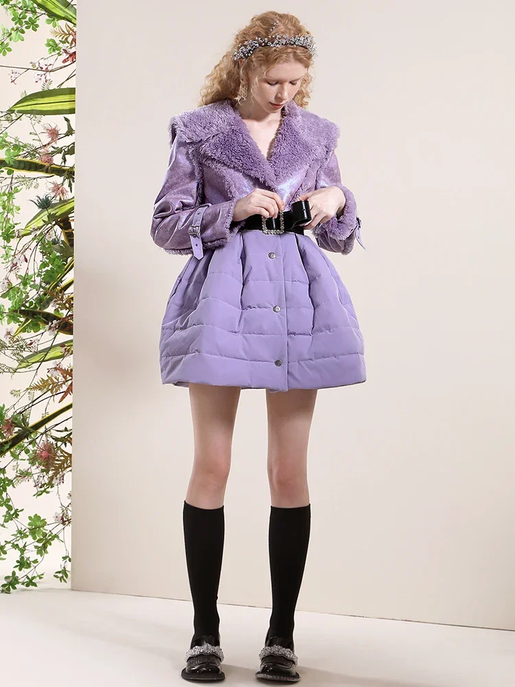 Elegante casaco de cordeiro roxo para mulheres, roupas de inverno, costura, nicho sentido, jaqueta de algodão grosso, casaco longo, senhora, novo,