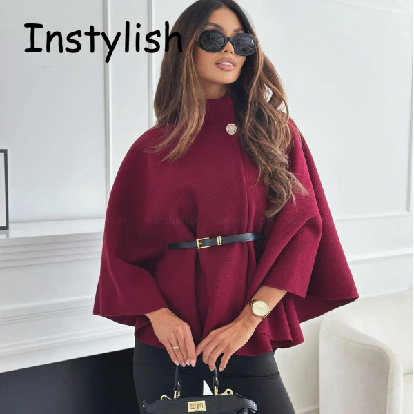 Women Batwing Long Sleeve Woolen Cape Jacket Autumn Winter Elegant Solid Loose Coat Vintage Harajuku Cloak Streetwear Outwear