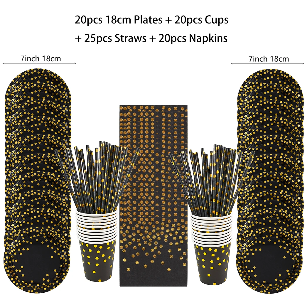 Black Gold Birthday Disposable Tableware Set Paper Plates Cups Napkins Tablecloth Adult Happy Birthday Party Decoration Wedding