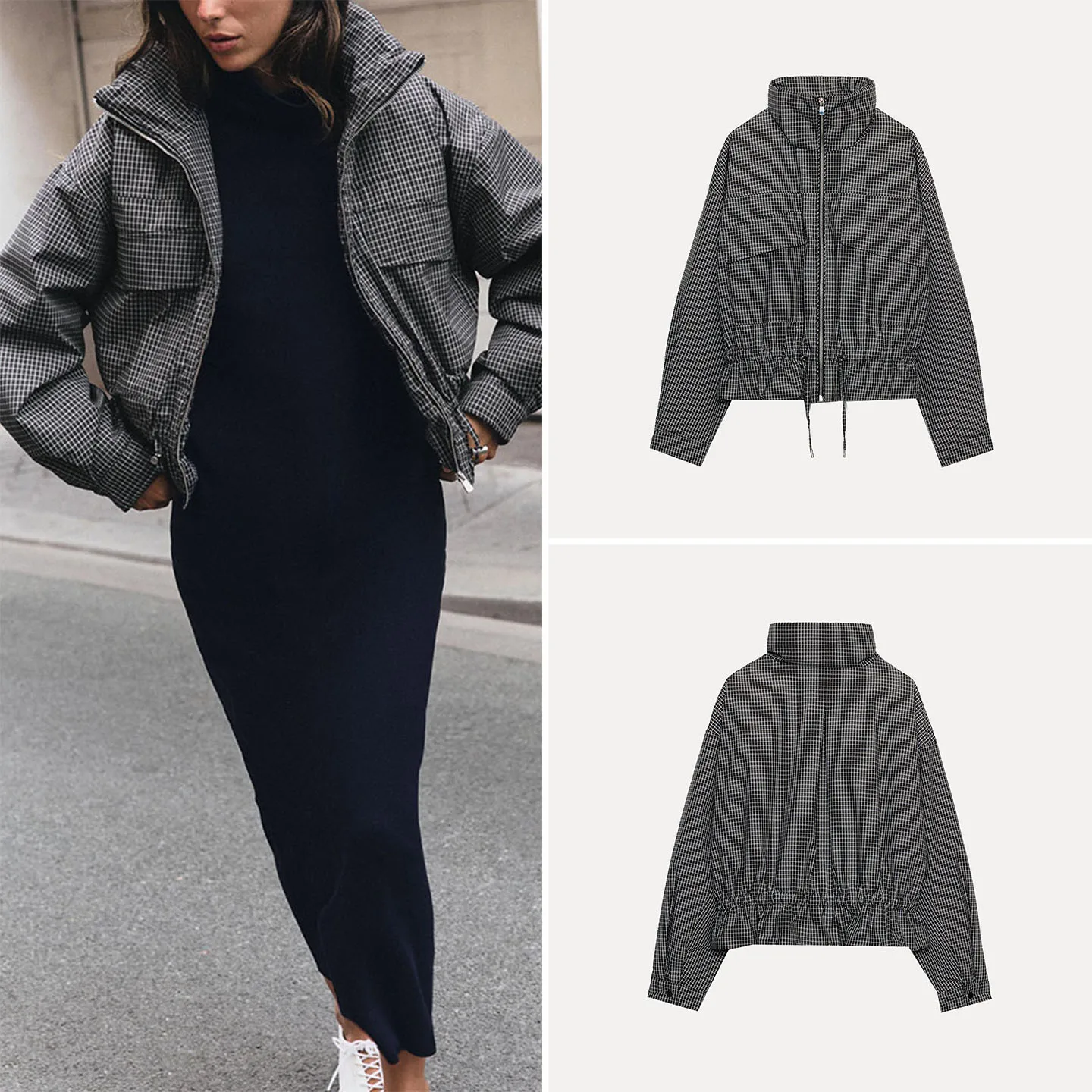 Fashionable Loose Long Sleeve Plaid Stand Collar Jacket Women's Autumn Wear Casual Style ZADATA Brand 2026 New Arrival