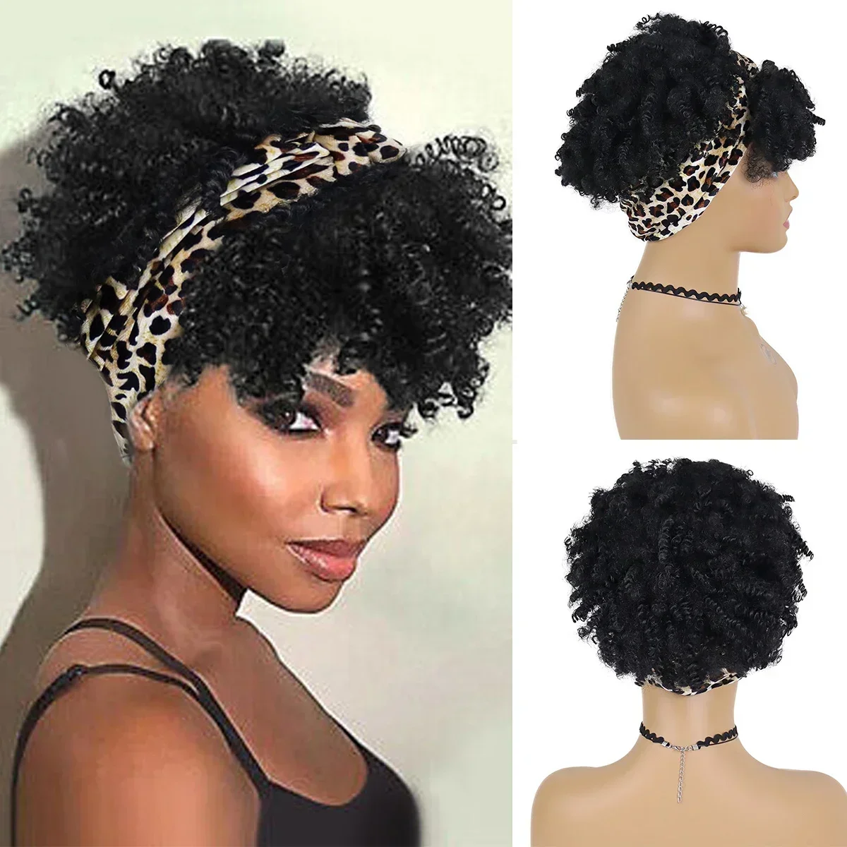 Diademas Afro sintéticas para mujeres negras, peluca de cabello rizado con flequillo, diadema, fibra corta de cuello, turbante envolvente, uso diario