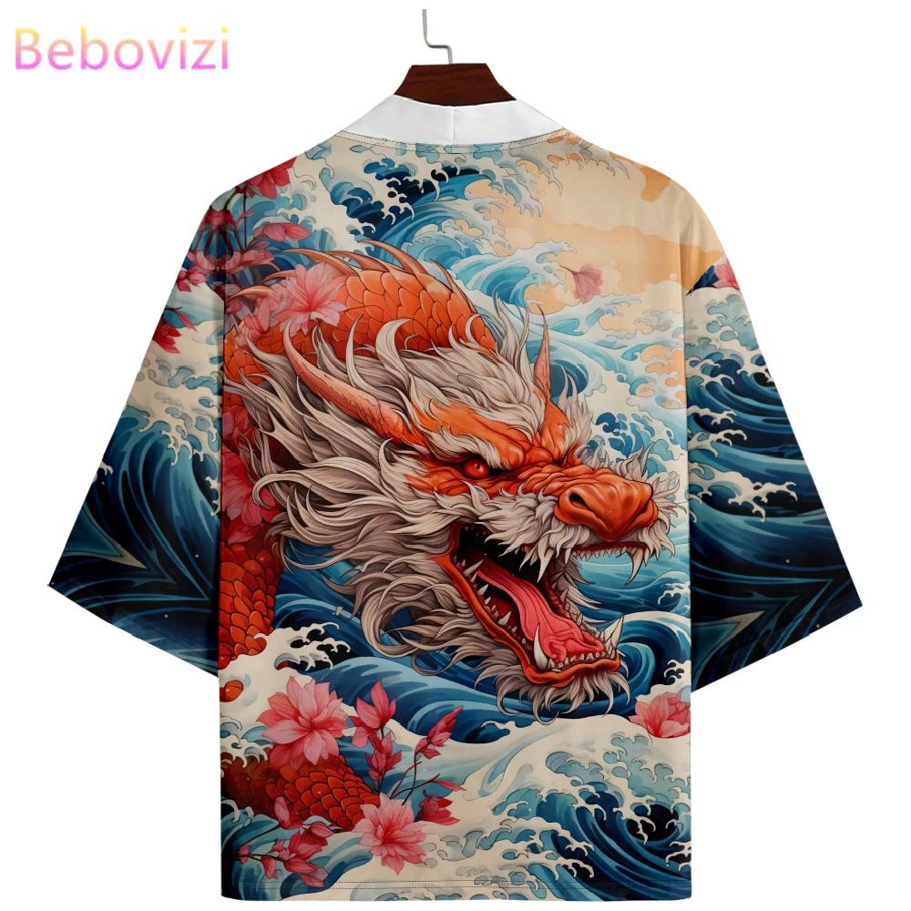 

Traditional Summer Beach Kimono Waves and Dragons Print Japanese Haori Men Women Cardigan Yukata Oversized Streetwear