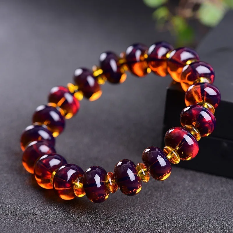 2026 Violet Blue Amber Beaded Bracelet, Natural Raw Mineral Honey Wax Round Bead Bangle, Unisex Fashion Couple Jewelry