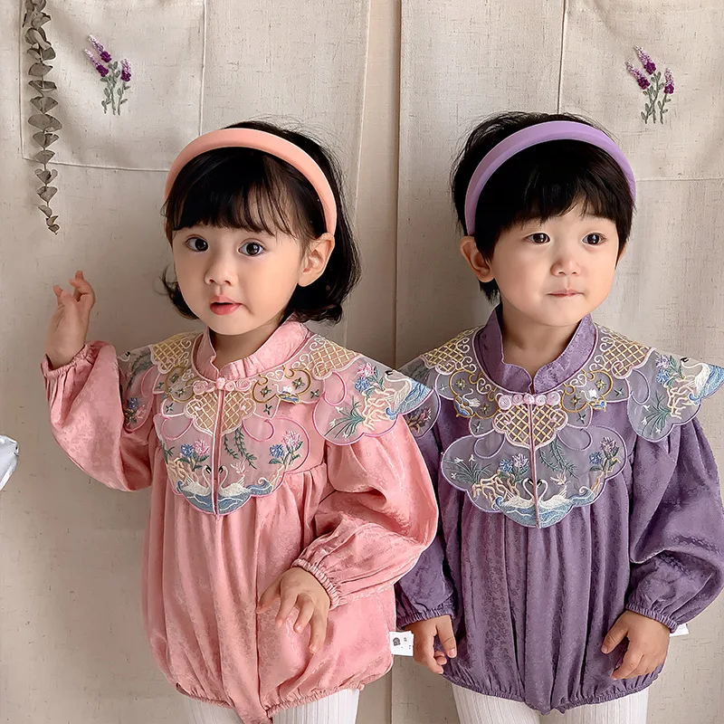 

Autumn Kid Girls Rompers Embroidered Newborn Girls Detachable Collar Jumpsuits Outfit For A Full Moon Toddler Girls Bodysuits