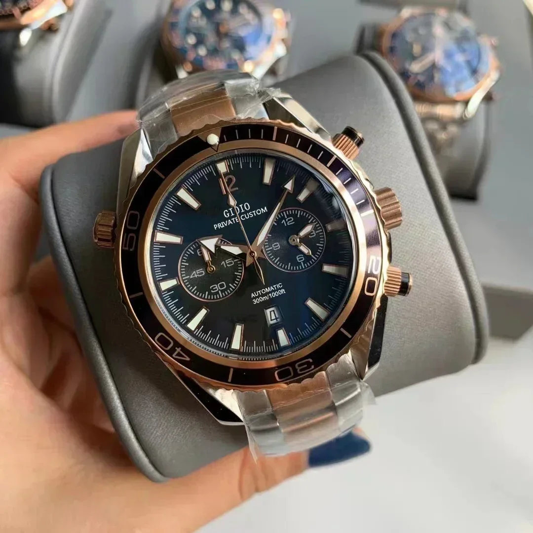 Luxury Mens Quartz Chronograph Watch Black Blue Stainless Steel Luminous 007 Calendar Rose Gold