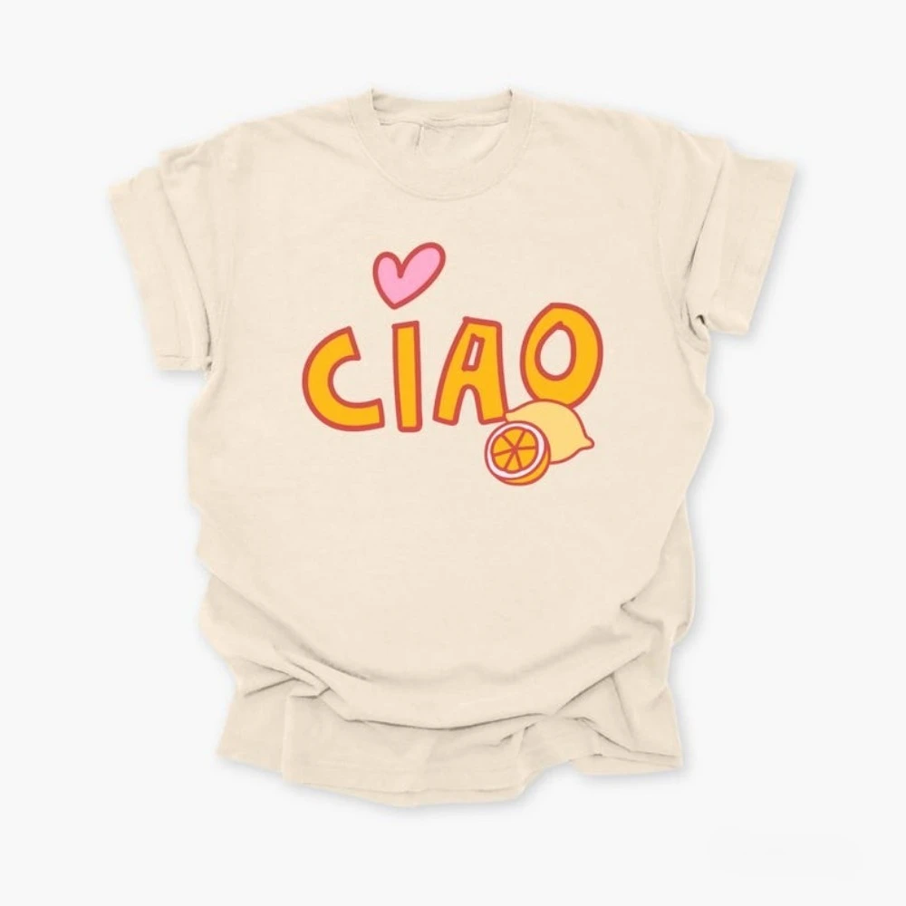 2025 Ciaoมะนาวผ้าฝ้ายเสื้อยืดอิตาเลี่ยนมะนาวGraphic Tee Limoncelloเสื้อVINTAGE Ciao Bellaอิตาลีเสื้อแปลกความงามtop