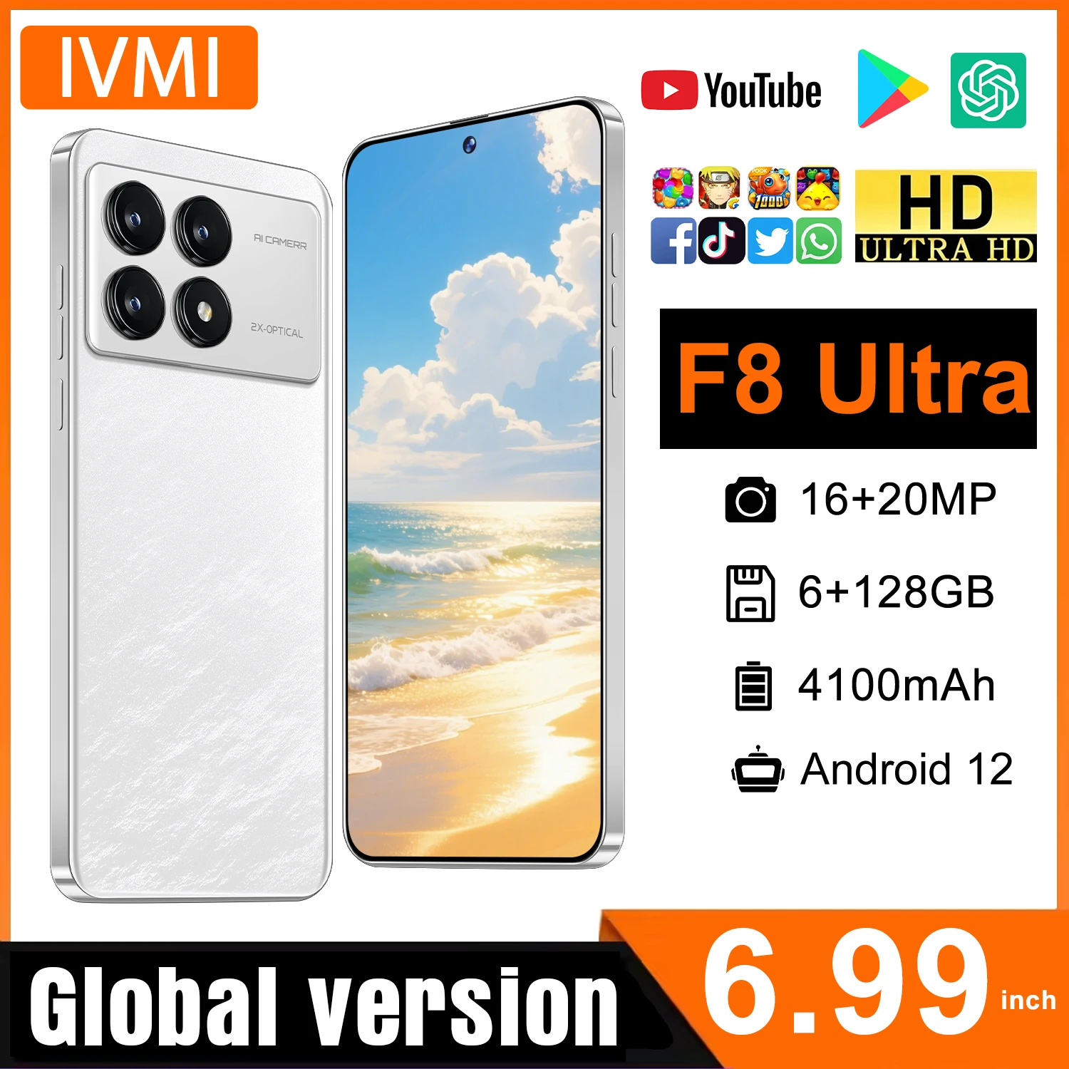 IVMI Global Vision F8 Ultra Smartphone Android 12 6GB RAM 128GB ROM 6.99 Inch Phone 16+20MP 4G Network Mobile Phones
