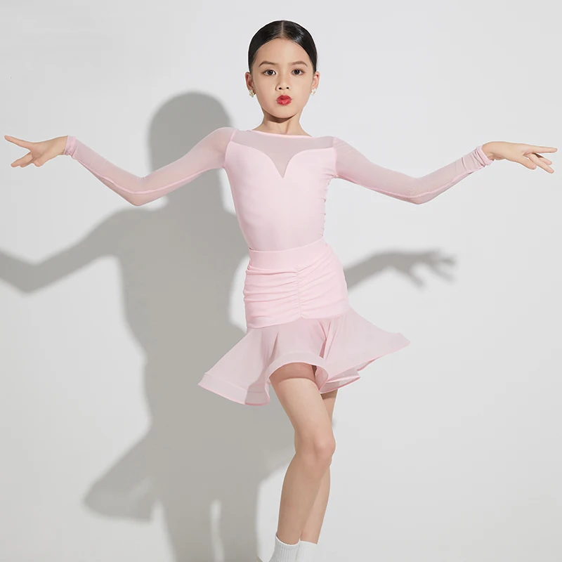 فساتين مسابقة قاعة الرقص للأطفال البنات الوردي السالسا التانغو السامبا رومبا الرقص اللاتينية فستان أطفال ملابس الرقص العروض