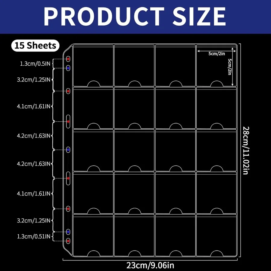 15 Sheets Coin Pocket Pages 5x5cm 2"x2" 20 Pockets Standard 9Hole Coin Binder Inserts Sleeves Coin Collection Pocket Pages