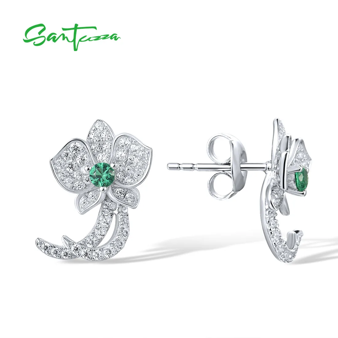 SANTUZZA Genuine 925 Sterling Silver Stud Earrings For Women Sparkling White CZ Green Spinel Orchid Flower Delicate Fine Jewelry image 2