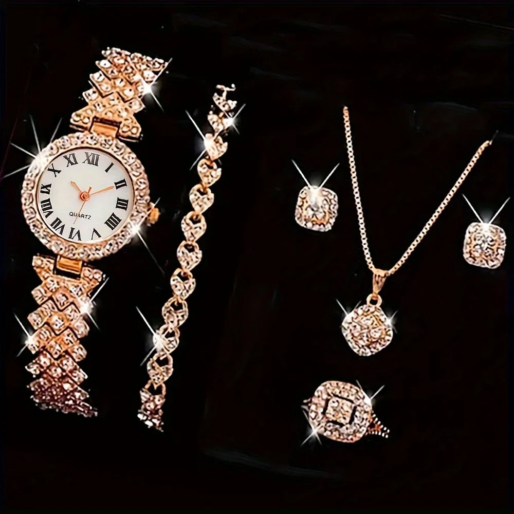 6 ชิ้น/เซ็ตนาฬิกาผู้หญิงหรูหรา Rhinestone ควอตซ์นาฬิกาแฟชั่นสีทอง Analog นาฬิกาข้อมือและชุดเครื่องประดับ, ของขวัญสําหรับแม่ของเธอ