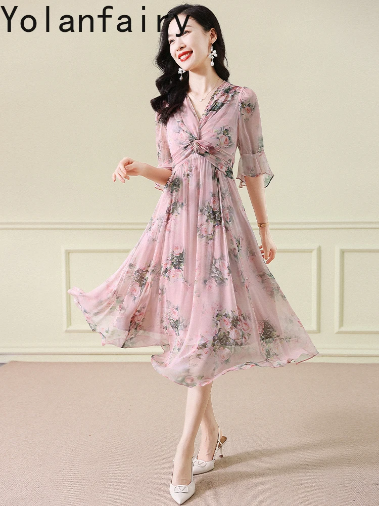 YOLANFAIRY 100% vera seta di gelso abito donna dolce ed elegante abiti da vacanza abbigliamento donna abito lungo floreale maniche svasate