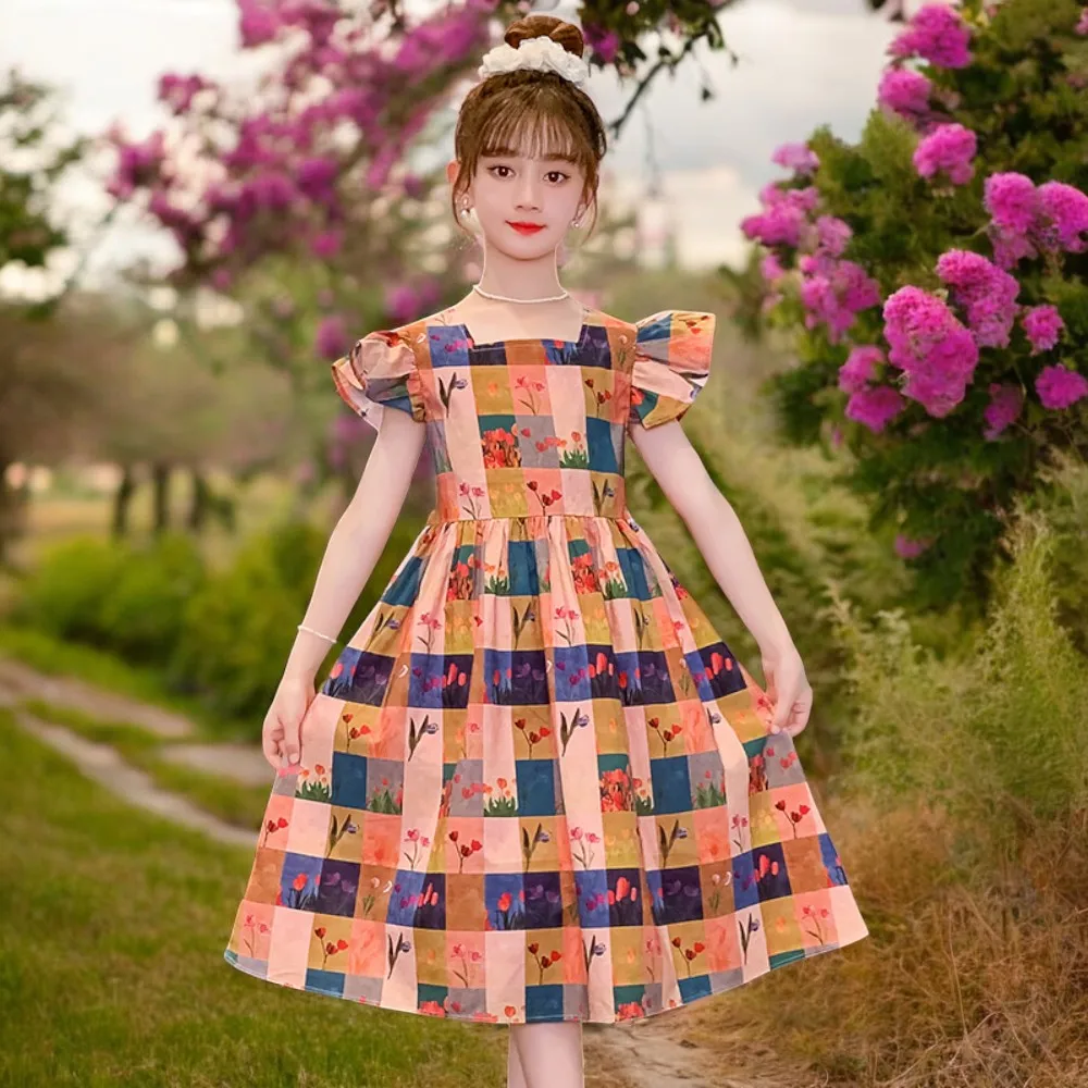 Teens Kids Lolita Dresses for Girls Outfits Short Sleeve School Plaid Dress Baby Summer Children Party Costumes 6 8 10 12 Years