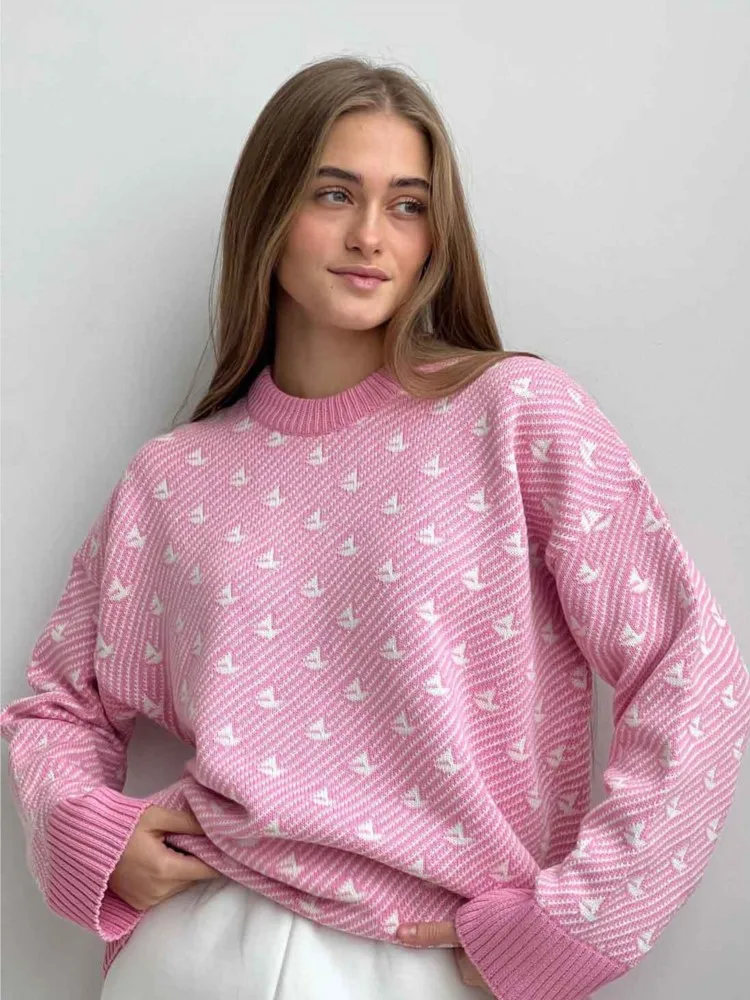 Small Sailboat Pattern Jacquard Fashion Winter Sweater 2024 New Round Neck Chic Fashion Knit Tops Woman Street Autumn Pullovers