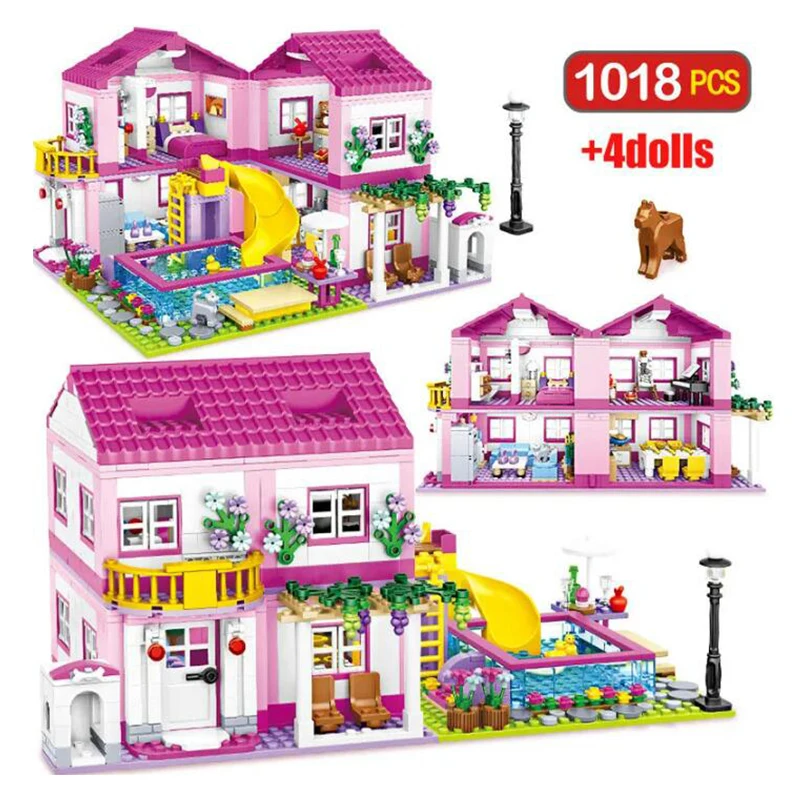 Juego de bloques de construcción de Castillo de Villa de vacaciones de verano, casa de amigos, figuras de piscina, Juguetes DIY para niños, regalo de cumpleaños para niñas