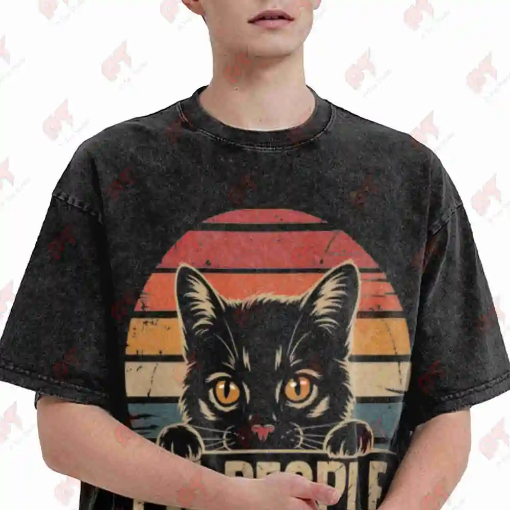Ew People Retro Cat Introvert Vintage Washed Tee Pure Cotton T-Shirt