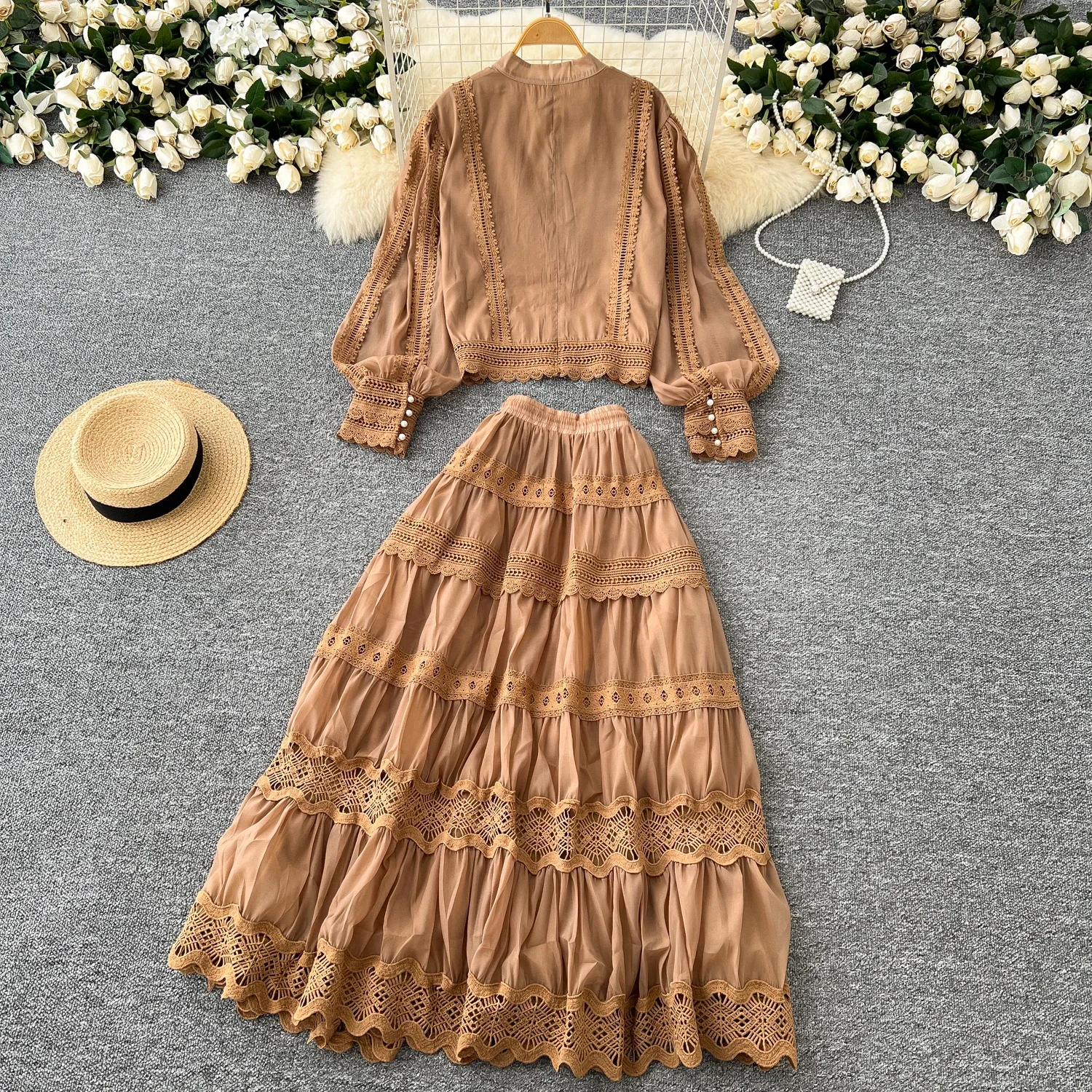 Chic Two-piece Sets Basics O-neck Lace Spliced Lantern Sleeve Blouse and High Waist Hollow Out Skirt High Street Women Clothing