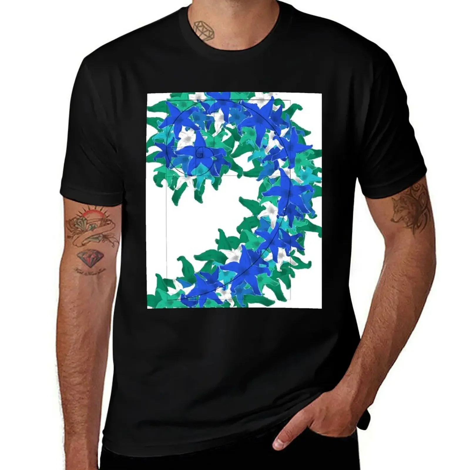 Blue-Green Floral Golden Ratio Spiral T-Shirt man clothes basketball graphic tees graphic t shirts custom t-shirts men t shirt