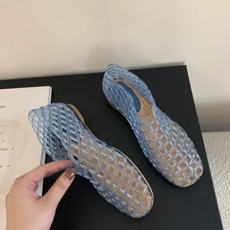 Sandalias con agujeros de malla de diseño de marca a la moda, zapatos planos transpirables cómodos de verano para mujer, zapatos de gelatina, mocasines de pescador elegantes