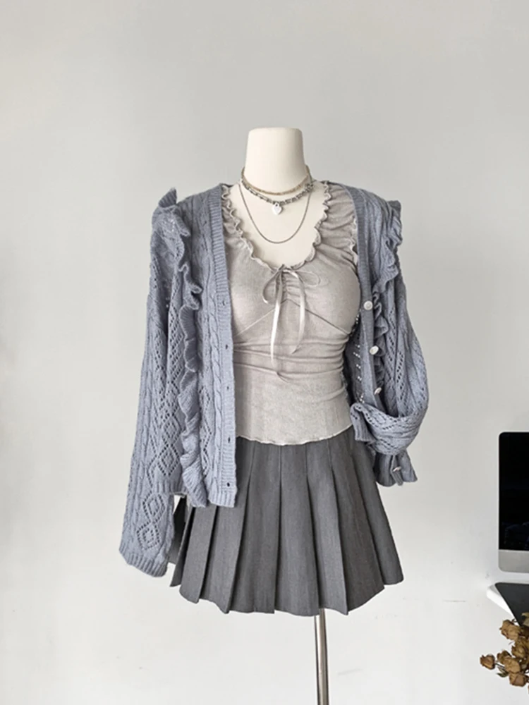 High Quality Fashion 2 Piece Set Women Office Lady V-Neck Long Sleeved Knitted Cardigan+Gyaru Kawaii Tank Top Y2K Autumn Winter