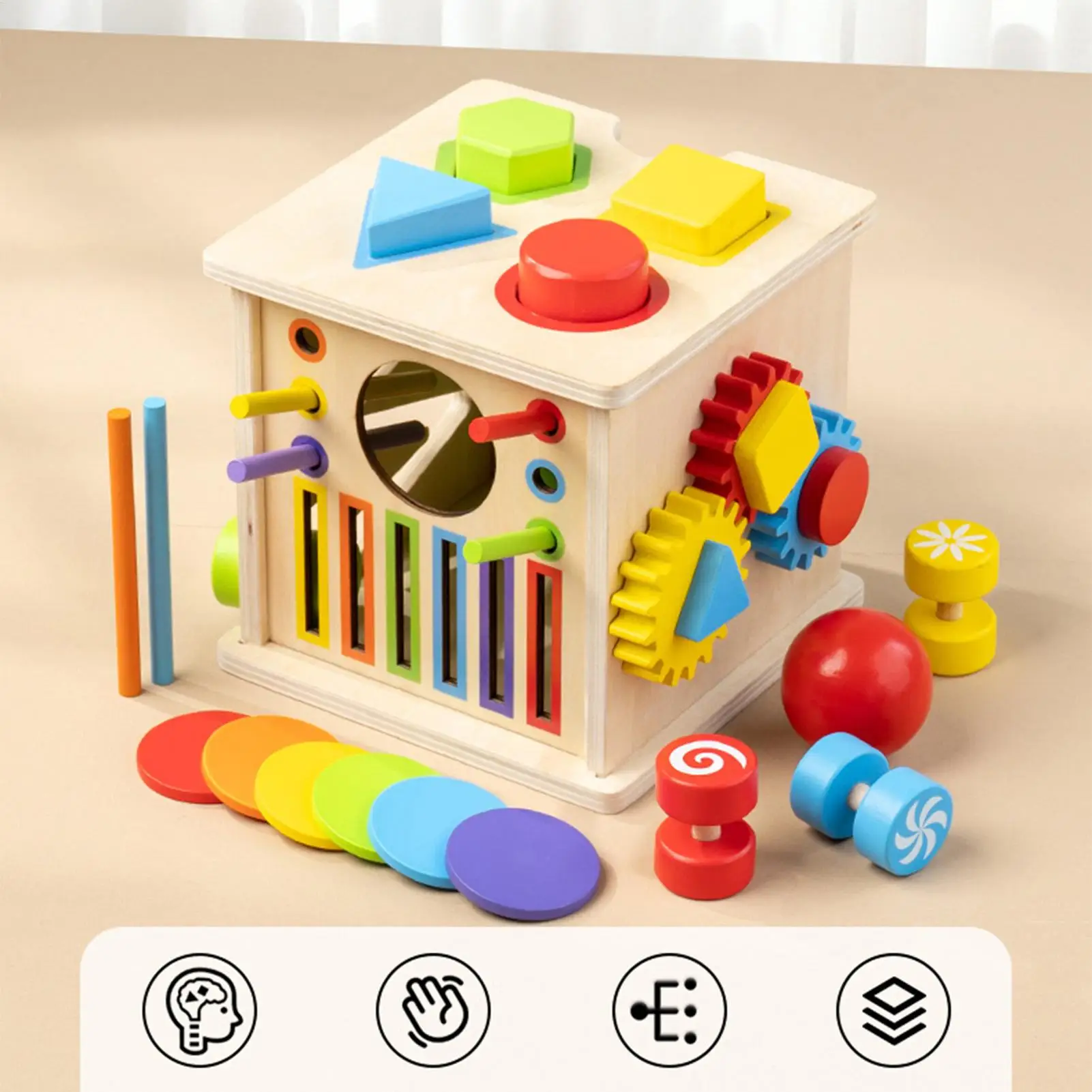 8 w 1 Zabawki edukacyjne Montessori Kostka sensoryczna Drewniane zabawki do sortowania kolorów i kształtów Zabawka edukacyjna typu fidget Skrzynia skarbów